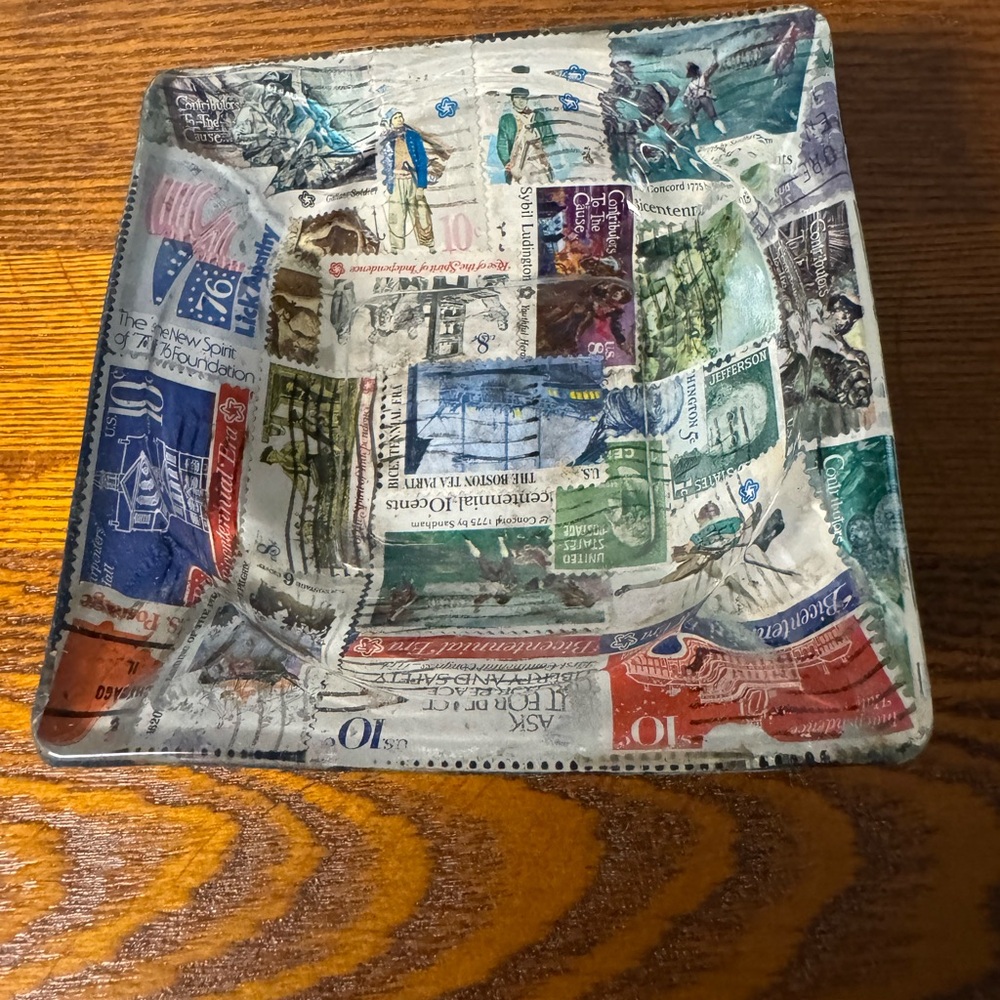 Mid Century Bicentennial Stamp Ashtray 4.5” x 4.5”